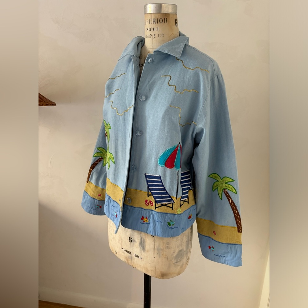 Vintage Pushpa Linen Blue Embroidered Jacket Size Small